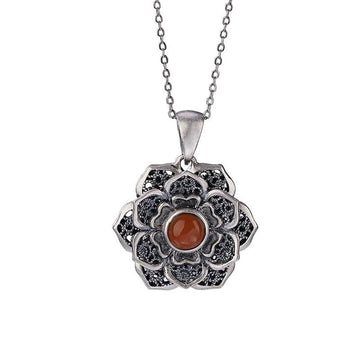 FREE Today: Focus and Wisdom Tibetan Om Mani Padme Hum Lotus Pattern Red Agate Copper Necklace Pendant
