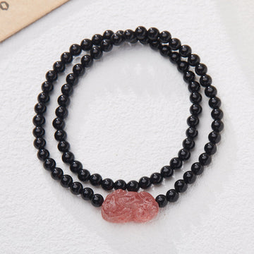 Black Agate Double-loop Strawberry Quartz Pixiu Bracelet